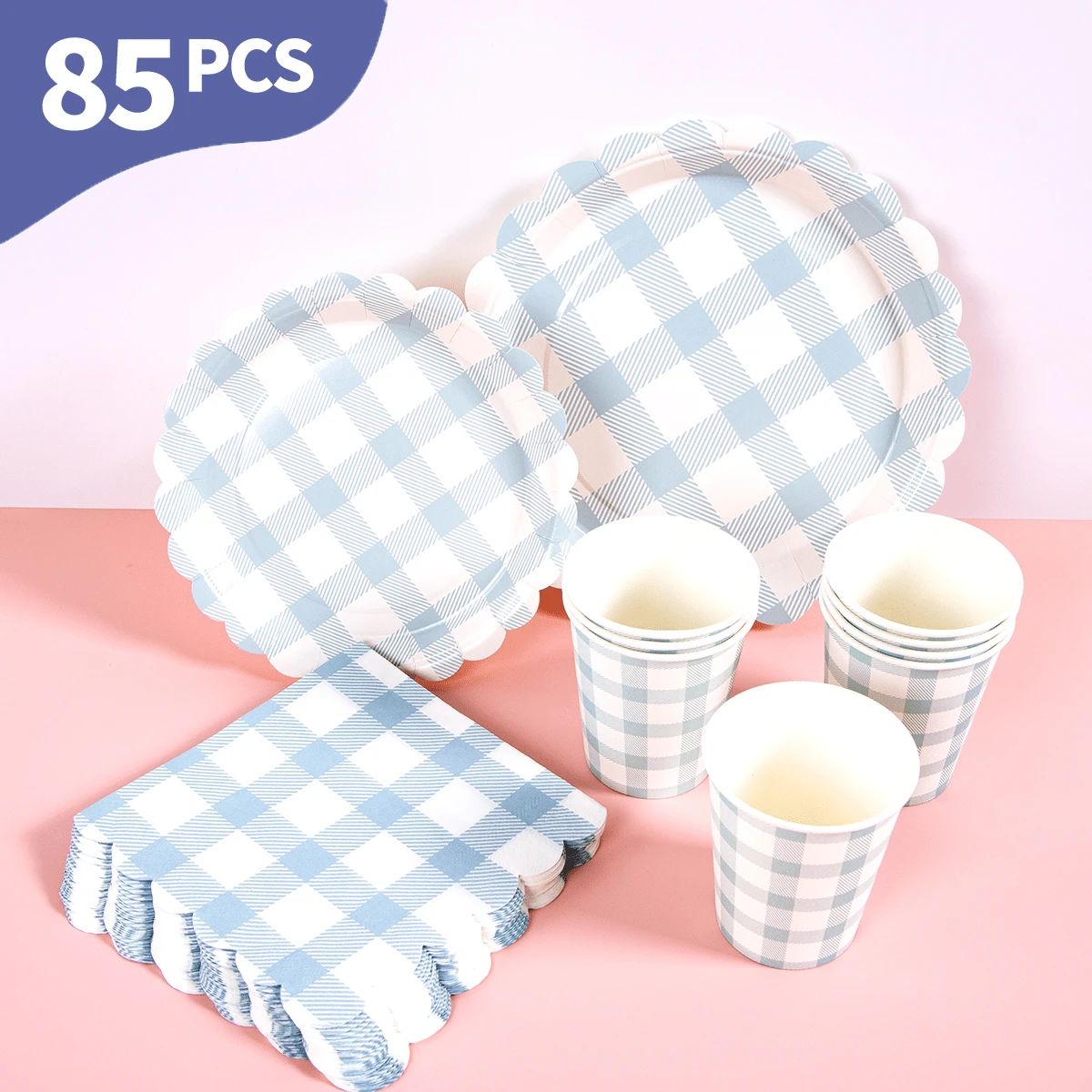 蓝白格子花瓣图案一次性餐盘、餐巾纸和杯子套装，可供20位客人使用。这款一次性派对用品套装（包括餐盘、餐巾纸和杯子）非常适合生日派对、婚礼和家庭野餐。 - 查看 1