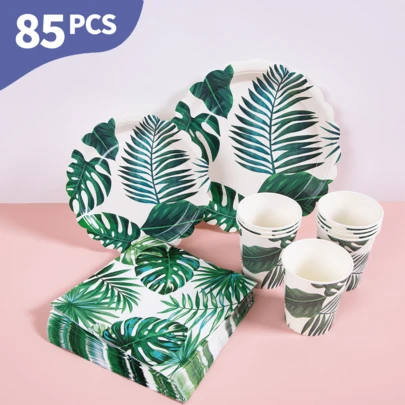 Bộ đĩa, khăn ăn và cốc dùng một lần màu trắng có họa tiết lá cây, phục vụ 20 người. Bộ đồ dùng tiệc dùng một lần này (bao gồm đĩa, khăn ăn và cốc) rất phù hợp cho các bữa tiệc sinh nhật, đám cưới và dã ngoại gia đình.