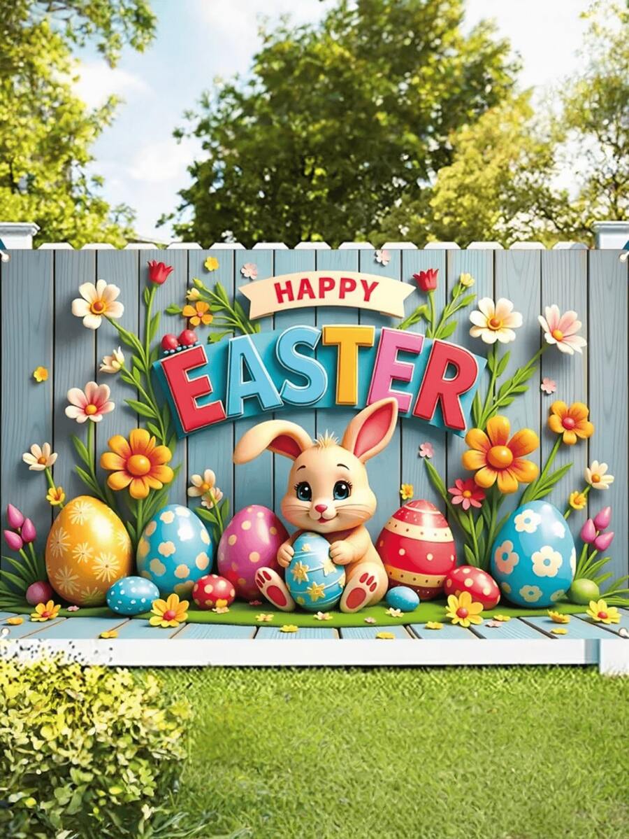 1pc Easter Backdrop, Bunny And Egg Decorative Hanging Cloth Photo Prop Suitable For Parties Gatherings And Easter - multicolor - View 1