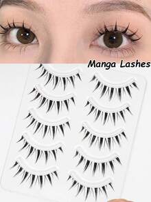 5 Pairs Manga Lashes Clear Stem Natural False Eyelashes Curled Soft Volume For Cosplay Daily Makeup Eye Extension - Black - View 1