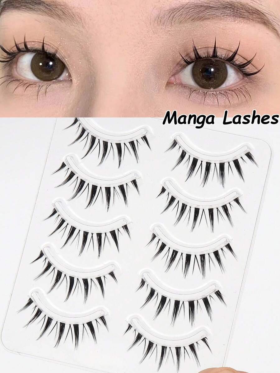 5 Pairs Manga Lashes Clear Stem Natural False Eyelashes Curled Soft Volume For Cosplay Daily Makeup Eye Extension - Black - View 1