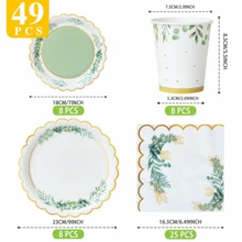 Green Leaves Gold Rim Fresh Disposable Plates, Napkins And Cups Set, Serves 8 Guests.This Disposable Party Set (Including Plates, Napkins And Cups) Is Perfect For Birthday Parties, Weddings And Family Picnics. - View 2