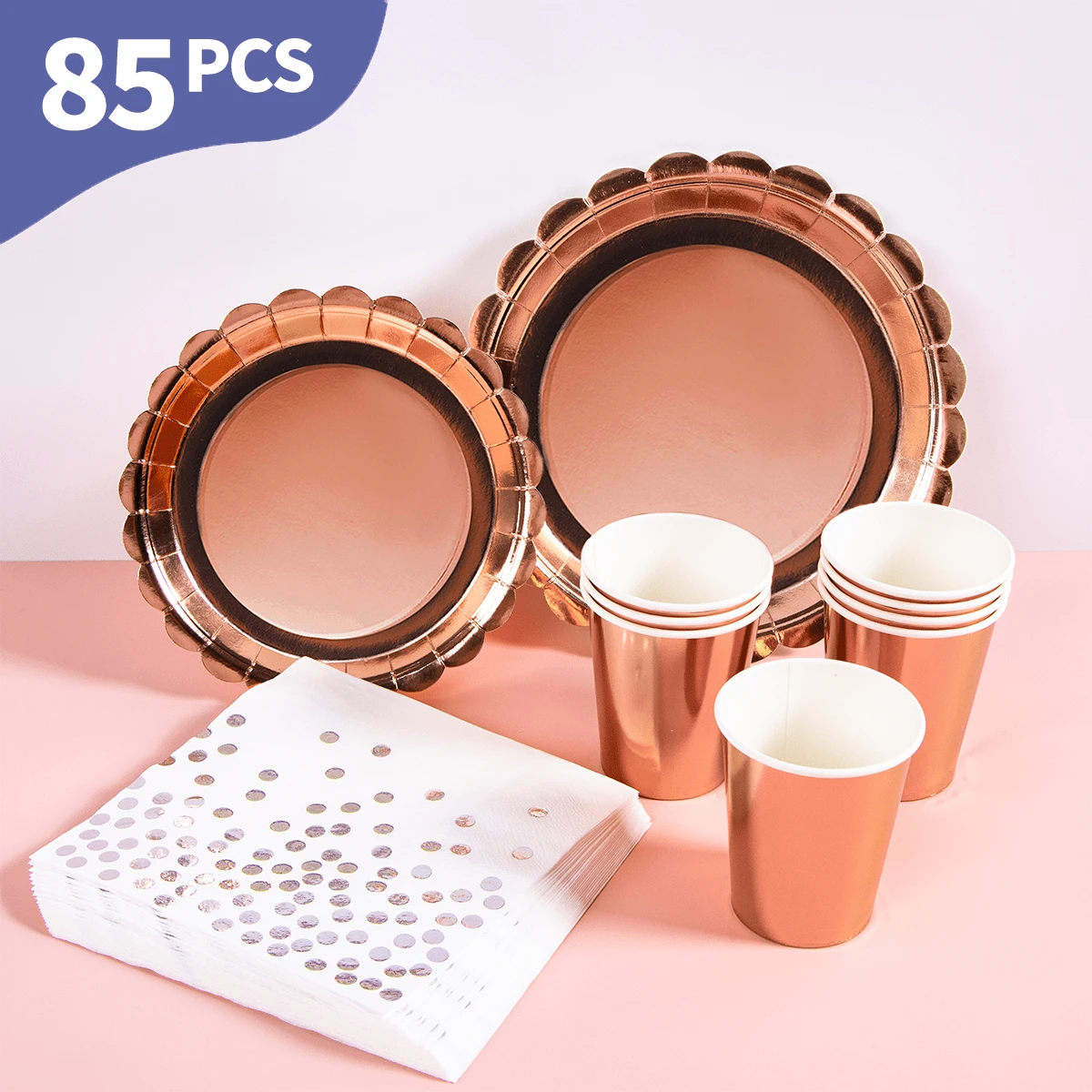 玫瑰金花瓣一次性餐盘、餐巾纸和杯子套装,可供20位客人使用。这款一次性派对用品套装(包括餐盘、餐巾纸和杯子)非常适合生日派对、婚礼和家庭野餐。 - 查看 1