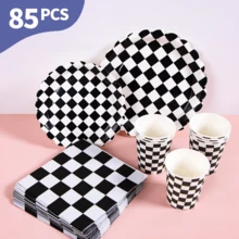 黑白格子花瓣图案一次性餐盘、餐巾纸和杯子套装，可供20位客人使用。这款一次性派对用品套装（包括餐盘、餐巾纸和杯子）非常适合生日派对、婚礼和家庭野餐。 - 查看 1
