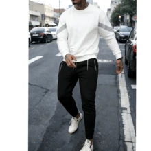 Conjunto de ropa deportiva de sudadera de cuello redondo de manga larga casual y versátil para hombres - Blanco - Ver 2