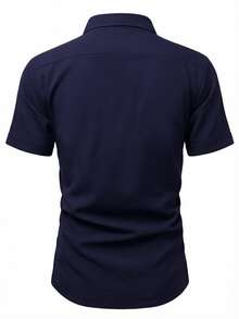 Manfinity Homme Men's Business Casual High-End Contrast Color Patchwork Short Sleeve Shirt Blue Black And White Shirts Men Men's Short Sleeve Dress Shirts - Navy Blue - View 5