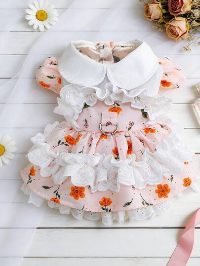 PETSIN 1pc Pink Flower Pet Dress Lace Ruffle Princess Skirt Strap Pulling D-Ring Cute Doll Collar Cat And Dog Clothes