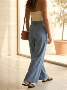 Pantalones Elegantes de Pierna Ancha para Mujer con Panel Elástico en la Cintura Trasera - azul - Ver 3