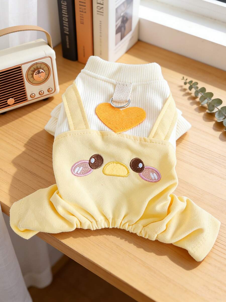 PETSIN 1件套可爱小鸡刺绣宠物绑带裤套装，带牵引D形环，猫狗四脚服装 - 黃色 - 查看 1