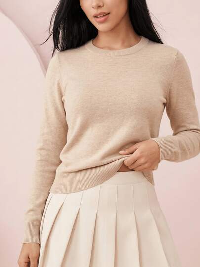 Suéter Redondo de Cuello para Primavera y Otoño, Ligero de Manga Larga, Top Sólido y Versátil para Mujer, Suéter Elegante para Damas