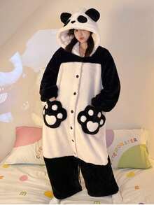 Bathrobe, Coral Fleece Winter Nightgown, Flannel Bathrobe, Warm And Breathable Long-Sleeved Bathrobe With Panda Pattern, Cozy Flannel Design, Perfect Choice For Autumn And Winter, Comfortable And Loose Fit, Ideal Holiday Gift, Must-Have For Lazy Weekends, Oversized Comfortable Nightgown Suitable For Both Men And Women, Ideal For Bedroom Leisure, Bathroom, Bedroom, Swimming Pool And Other Occasions, Essential Item For Daily Use And Travel - Multicolor - View 4