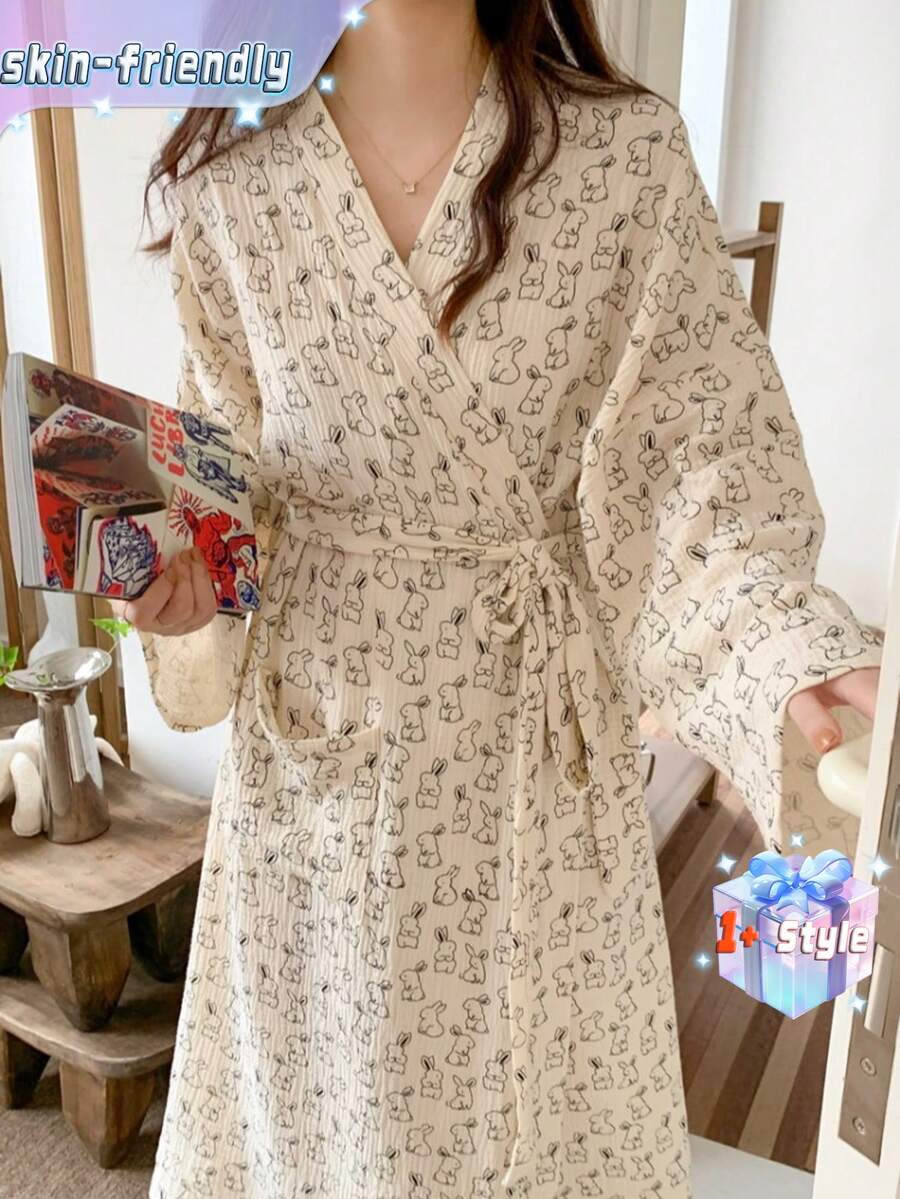 女士浴袍睡衣,简约欧式风格,长袖花卉图案,轻盈纯色,春秋季新款,舒适V领长袖带口袋,女士休闲睡衣/浴袍。 - 白色小兔子 - 查看 1