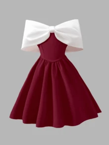 少女露肩蝴蝶结短连衣裙，荷叶边下摆，优雅休闲度假装，春夏款 - 酒紅色 - 查看 7