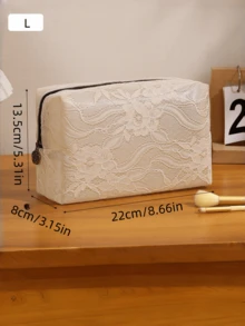 1pc/3pcs Elegant Lace Cosmetic Bag, Women's Large Capacity Waterproof Travel Makeup Organizer, Holiday Mesh Design Gift Pouch ,Makeup Bag - Beige - View 11