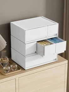 Single White Plastic Desktop Drawer Organizer, 1/2/3 Drawers Available, Combinable & Stackable, For Cosmetics, Jewelry And Small Accessories - White - View 3