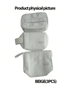 3 件套化妆包 PU 皮革，可爱条纹化妆品收纳包，适合女士旅行，防水洗漱包，适合青少年女孩，美观的粉色和米色化妆包 - 彩色 - 查看 10