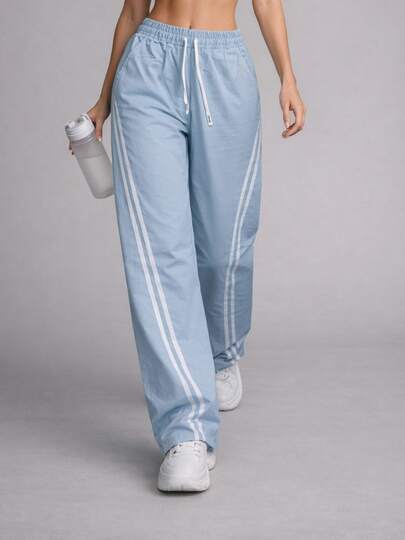 MODA MANIA Pants Mujer Holgado Wide Leg Cintura Alta Súper Cómodo y Favorecedor Con Franjas Laterales y Bolsillos Look Urbano Gym Casual