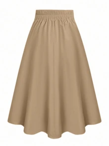 Nuevo 2026  Falda acampanada de cintura alta versátil y casual con decoración de botones, cintura elástica, tela de twill tejida, color albaricoque puro, falda de cintura alta para - Caqui 2 - Ver 7