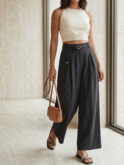 Pantalones Elegantes de Pierna Ancha para Mujer con Panel Elástico en la Cintura Trasera