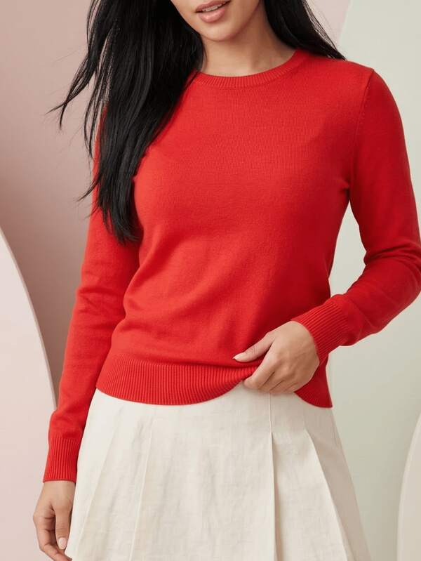 Suéter Redondo de Cuello para Primavera y Otoño, Ligero de Manga Larga, Top Sólido y Versátil para Mujer, Suéter Elegante para Damas