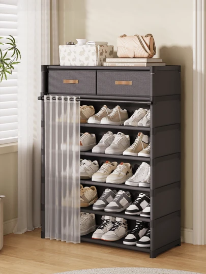 This Is A Multi-Tiered Shoe Rack For Home Use, Complete With Curtains. It's A Shoe Cabinet, Storage And Display Rack With Drawers And Curtains. It Has A Large Capacity And Can Be Used Both Indoors And Outdoors. Suitable For Placement Near The Entrance, It's A Great Home, Indoor, Holiday, Or Christmas Gift.