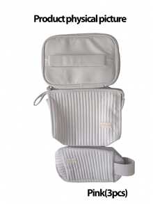 3 件套化妆包 PU 皮革，可爱条纹化妆品收纳包，适合女士旅行，防水洗漱包，适合青少年女孩，美观的粉色和米色化妆包 - 彩色 - 查看 9