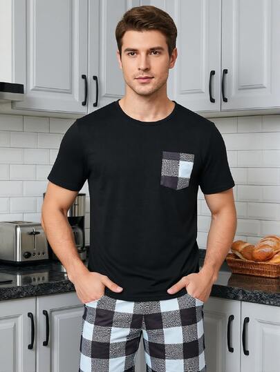 Conjunto De Ropa De Hogar Para Hombre Con Parte Superior De Manga Corta A Cuadros Y Pantalones Cortos