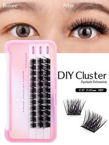 3排DIY假睫毛簇，0.07mm粗，C/D卷度混合，10/12/14mm，3D立体自然妆效，防水持久，韩国PBT纤维，柔软蓬松，哑光深黑色，单根假睫毛，可重复使用，易于佩戴 - 黑色 - 查看 2