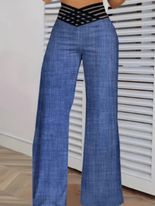 Wide Pants With Crossed Stripe Texture In The Front, Simple And Attractive, Suitable As A Gift For Family Members. - Blue - View 3