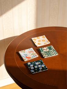 Cirelle 1Pc/2Pcs 4 Styles Japanese Style Coasters Embroidered Square Double-Sided Household Table Mat Cloth Water Absorbent Coffee Cup Tea Tray Decorative Mats Suitable For Restaurant Coffee Table Use - Multicolor - View 2
