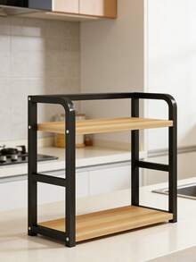 1-Piece Nordic Style Double-Layer Kitchen Storage Rack - Wooden And Iron Storage Rack, Suitable For Storing Dishes, Pots, Pans, Seasonings, And Vegetables | Frees Up Countertop Space, Suitable For Small Apartments | Stable Design Without Drilling - Multicolor - View 4