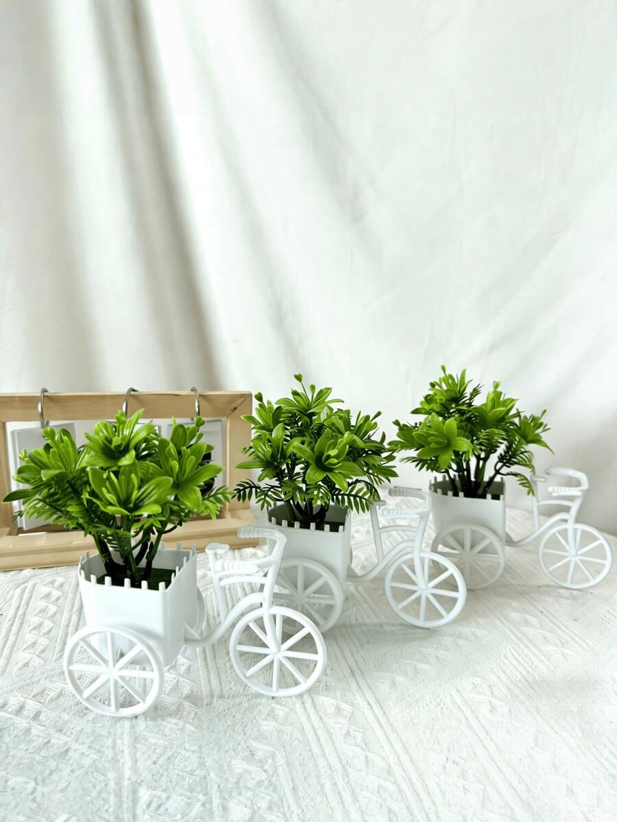 1个塑料迷你自行车篮,人造盆栽植物桌面摆件,仿真绿色植物,适合房间装饰 - 綠色 - 查看 1