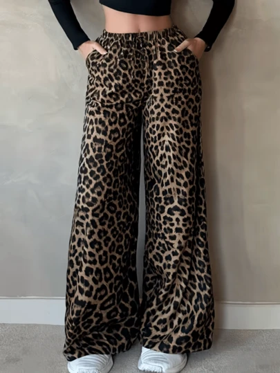 Pantalones Holgados de Pana con Estampado de Leopardo para Mujer de Talla Grande, Cintura Elástica, Adecuados para las 4 Estaciones. Pantalones largos elegantes de pierna ancha con estampado - Hechos de tela suave, con cordón simulado, corte holgado, lavables a máquina, perfectos para el estilo casual de fin de semana de las mujeres. Tall Pantalones casuales de pierna ancha recta y holgada con estampado de leopardo para la calle. Pantalones anchos casuales sueltos