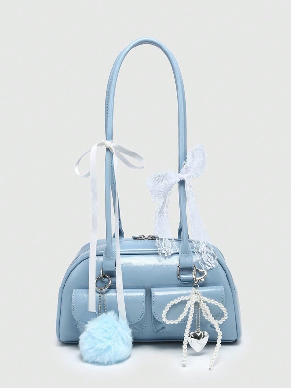 ROMWE Kawaii Vintage Cute Plaid Bow Cherry Heart Decoration Multi-Pocket Boston Bag Ladies College Style Street Japanese Cute Y2K