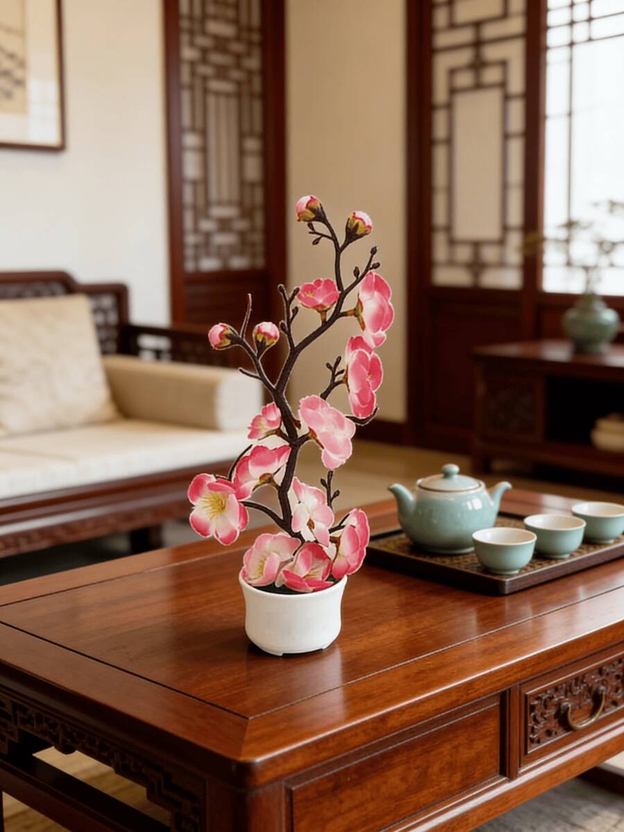 1件人造盆栽花，塑料小号仿真桃花盆栽，家居装饰假植物，秋季装饰，房间书桌装饰，花园装饰，房间装饰用品，情人节礼物，生日礼物，毕业礼物，返校礼物，学习用品 - 玫紅色 - 查看 1