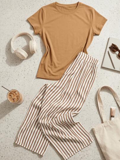 Conjunto de dos piezas para mujer con una camiseta de manga corta pantalones largos a rayas ropa ligera y holgada de verano para el hogar