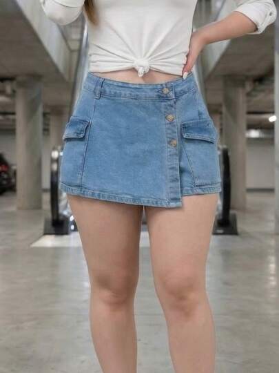 MODA MANIA Falda Short de Mezclilla Cargo con Botones para Mujer, Skort Casual de Cintura Alta y Ajuste Slim, Falda Pantalón Versátil Estilo Urbano para Primavera/Verano