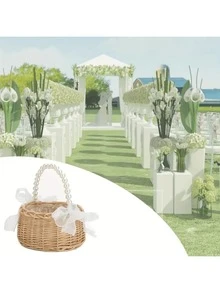 1 pieza Cesta de flores de ratán hecha a mano para niña de las flores de boda con asa de perlas y lazo de cinta, perfecta para bodas, Pascua y regalos de fiesta - Multicolor - Ver 5