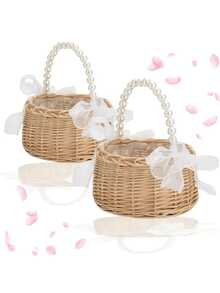 1 pieza Cesta de flores de ratán hecha a mano para niña de las flores de boda con asa de perlas y lazo de cinta, perfecta para bodas, Pascua y regalos de fiesta - Multicolor - Ver 1