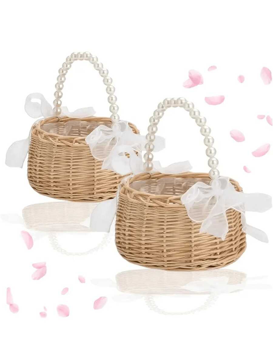 1 pieza Cesta de flores de ratán hecha a mano para niña de las flores de boda con asa de perlas y lazo de cinta, perfecta para bodas, Pascua y regalos de fiesta - Multicolor - Ver 1