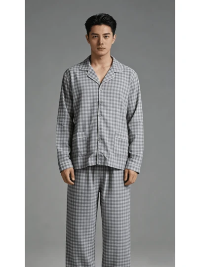 Conjunto de pijama informal para hombre, camisa de manga larga y pantalón con estampado de cuadros.