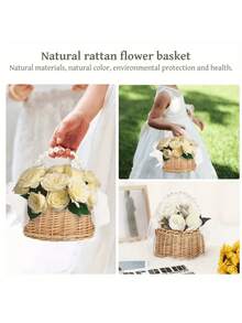 1 pieza Cesta de flores de ratán hecha a mano para niña de las flores de boda con asa de perlas y lazo de cinta, perfecta para bodas, Pascua y regalos de fiesta - Multicolor - Ver 4