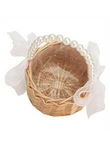 1 pieza Cesta de flores de ratán hecha a mano para niña de las flores de boda con asa de perlas y lazo de cinta, perfecta para bodas, Pascua y regalos de fiesta - Multicolor - Ver 9