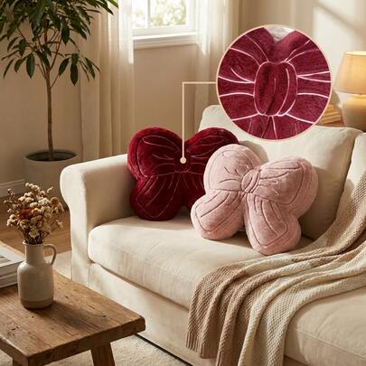 Cirelle 1pc Opulent 3D Stitched Bow Knot Cushion With Stuffing, Incredibly Soft Faux Rabbit Throw Pillow, Pink And Red Stylish Home Decoration, Perfect For Holiday And Valentine'S Day Presents