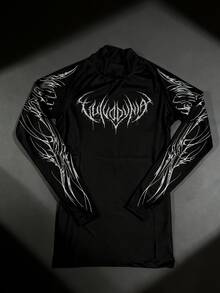 RISE LYT Camiseta deportiva de manga larga tipo raglan con estampado gótico para hombres, camiseta de compresión para hombres - Negro - Ver 4