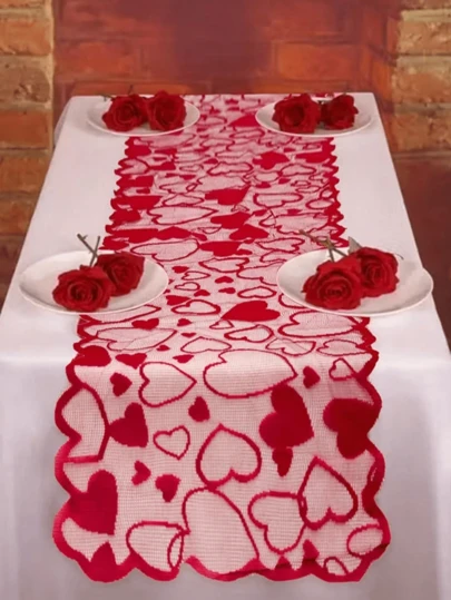 Bộ 5 món khăn trải bàn và tấm lót chén hình trái tim ren đỏ cho ngày Valentine, trang trí nhà cửa, kỷ niệm, tiệc tùng lãng mạn, phù hợp cho trang trí đám cưới và ngày Valentine, trang trí phòng khách và phòng ăn, tạo không khí ngày Valentine.