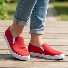 Zapatos casuales unisex de color sólido, de corte bajo, ligeros, sin cordones, puntera lisa, suela de goma, parte superior de tela, plantilla de tela, para hombres, mujeres, actividades al aire libre, deportes, trabajo Liso Elegante Tela - Rojo - Ver 2