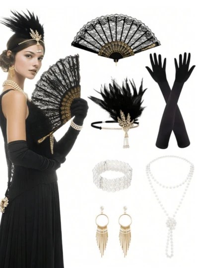 Bộ phụ kiện dự tiệc phong cách Flapper thập niên 1920, phụ kiện thời trang nữ thập niên 20 sôi động, phụ kiện đội đầu kiểu Flapper.