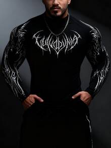 RISE LYT Camiseta deportiva de manga larga tipo raglan con estampado gótico para hombres, camiseta de compresión para hombres - Negro - Ver 3