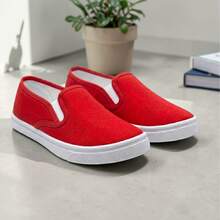 Zapatos casuales unisex de color sólido, de corte bajo, ligeros, sin cordones, puntera lisa, suela de goma, parte superior de tela, plantilla de tela, para hombres, mujeres, actividades al aire libre, deportes, trabajo Liso Elegante Tela - Rojo - Ver 4